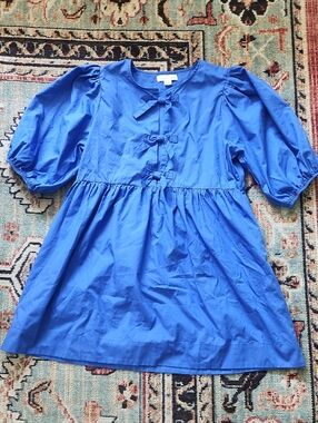 Blue Puff-Sleeve Cotton Dress with Bows